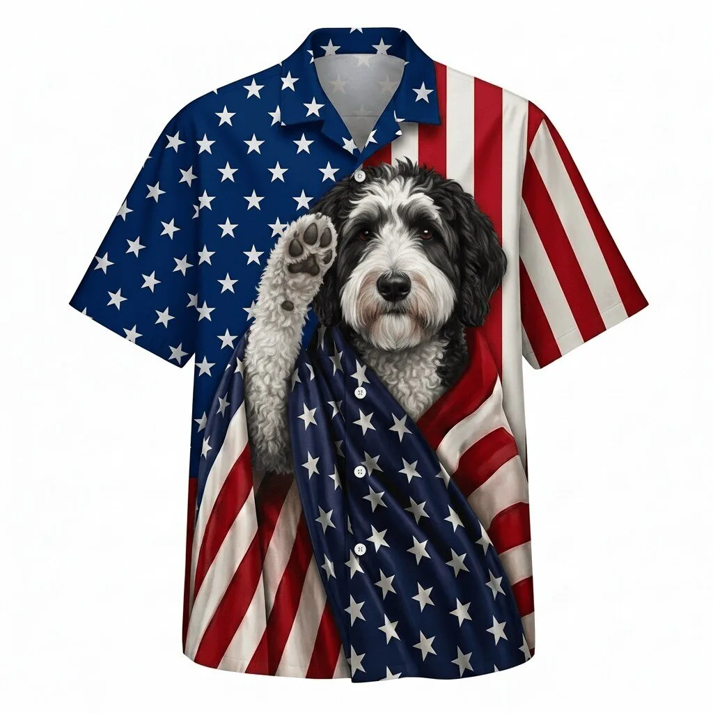 Sheepadoodle Dog Patriotic American Flag Hawaiian Shirt