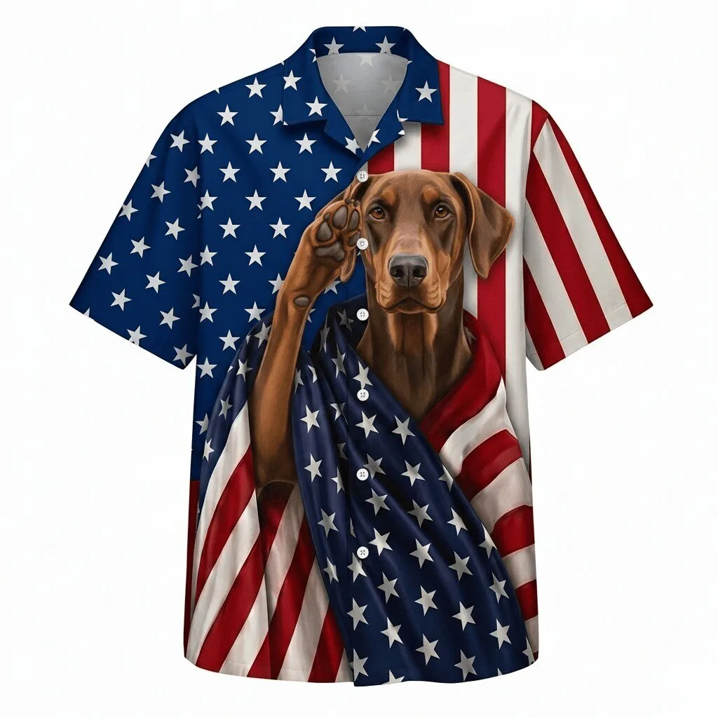 Patriotic Doberman Pinscher American Flag USA Hawaiian Shirt