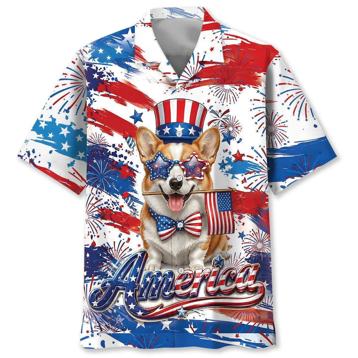 Corgi Dog America Independence Day Fireworks Patriotic Hawaiian Shirt