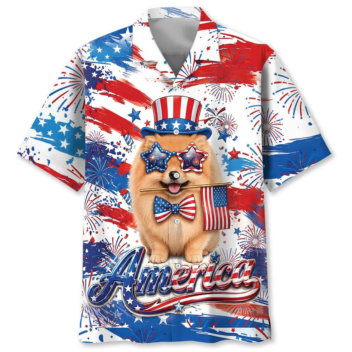 Pomeranian Dog Fourth of July Patriotic American Flag Hawaiian Shirt