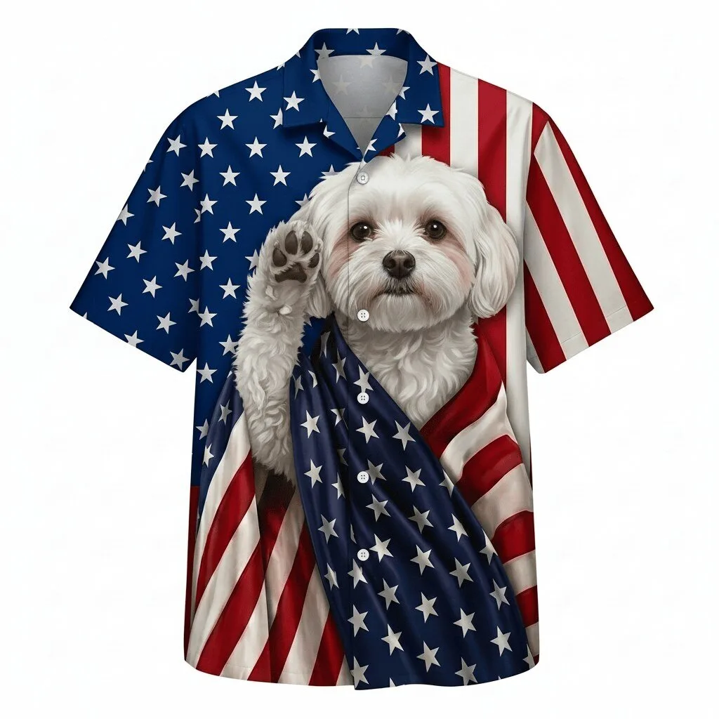 Maltese Dog Patriotic American Flag Waving Puppy Hawaiian Shirt