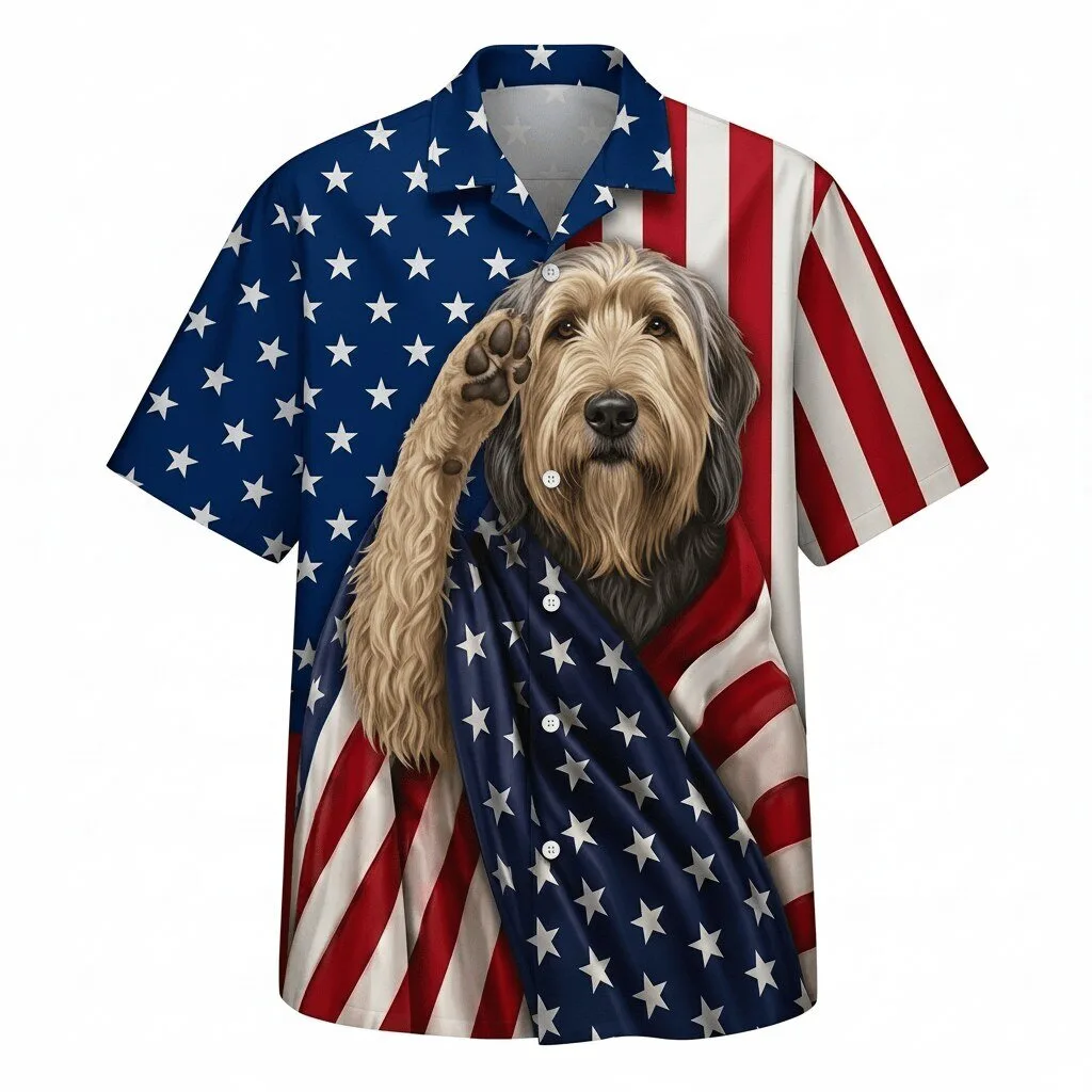 Briard Dog American Flag Patriotic Hawaiian Shirt for Men and Women