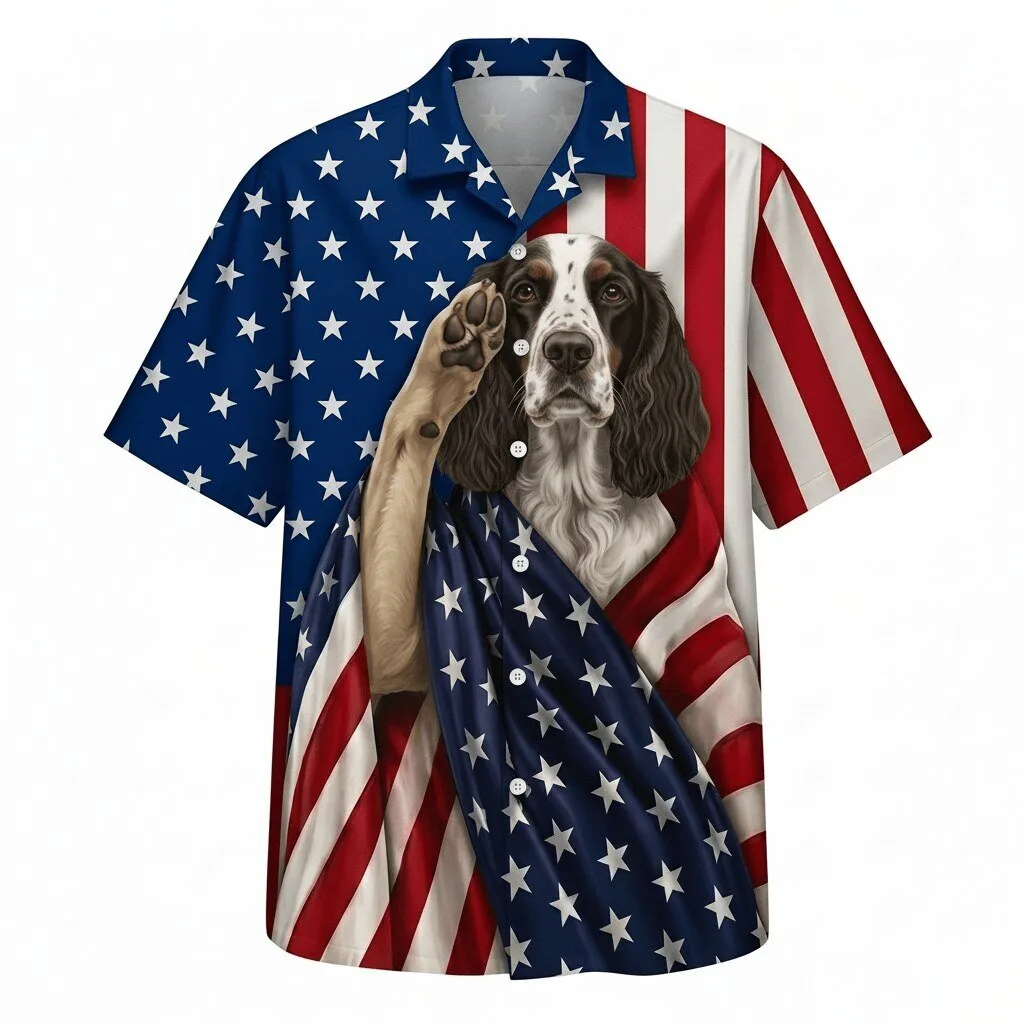 Hawaiian Shirt Featuring American Flag and Springer Spaniel Dog for Patriotic Style