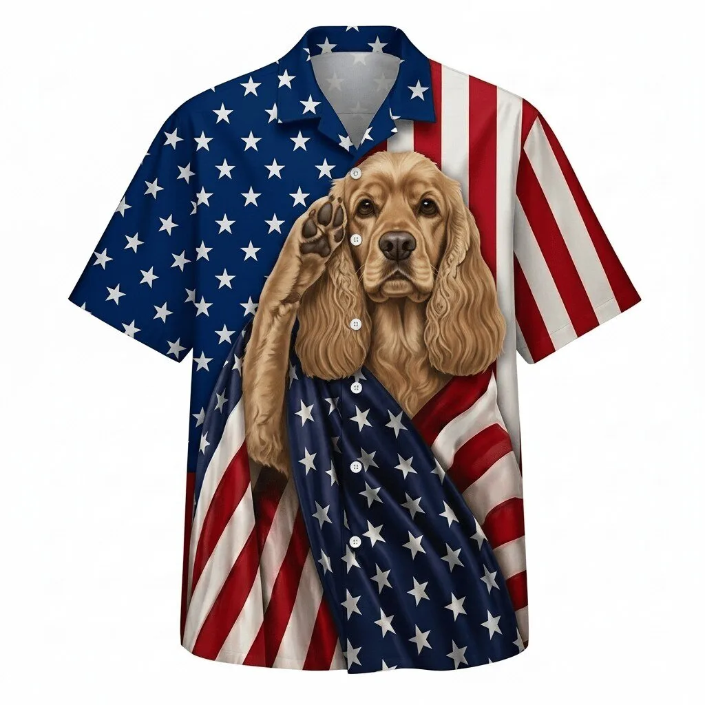 Hawaiian Shirt Featuring Patriotic American Flag and Cocker Spaniel Design