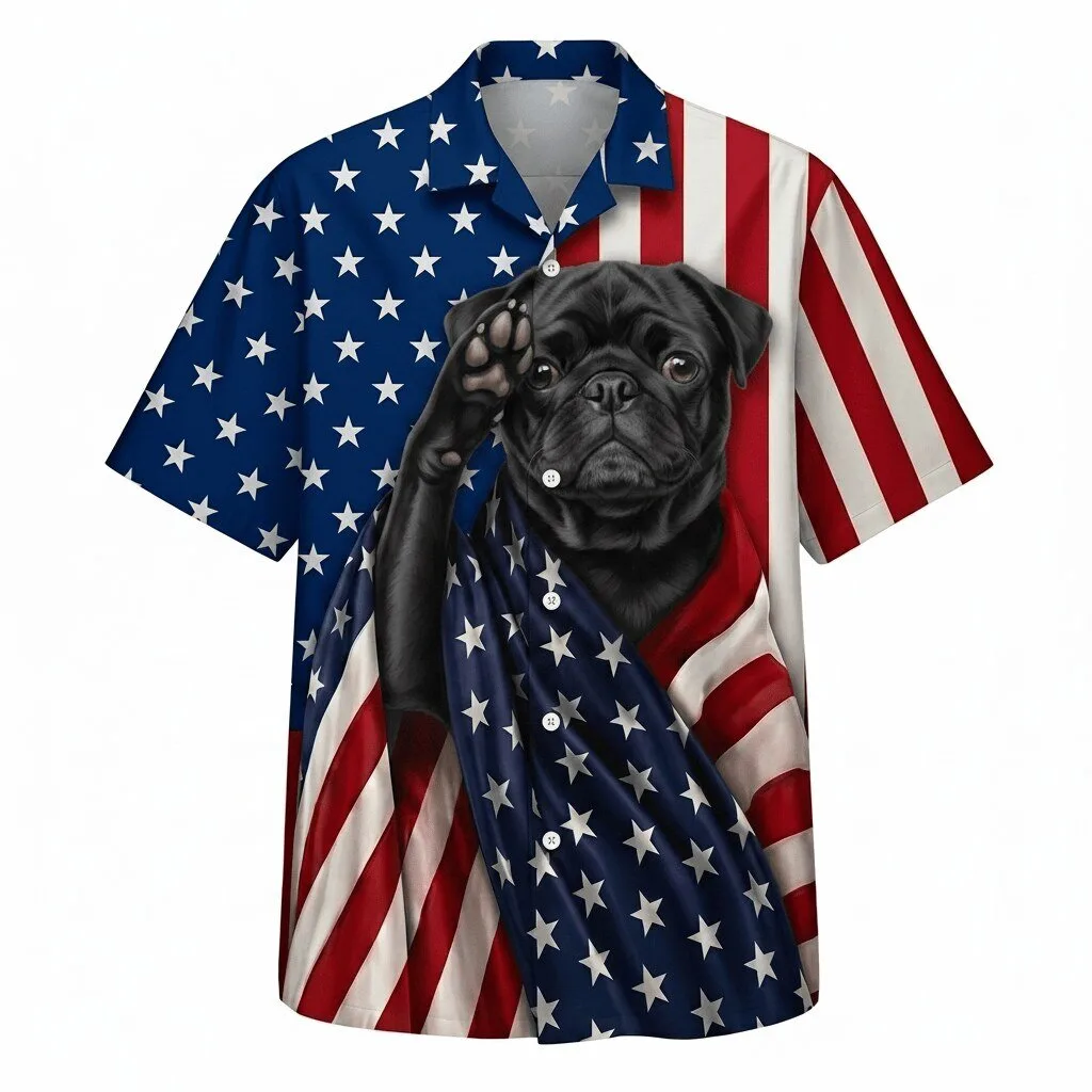 Patriotic Black Pug Dog American Flag Print Button Down Hawaiian Shirt