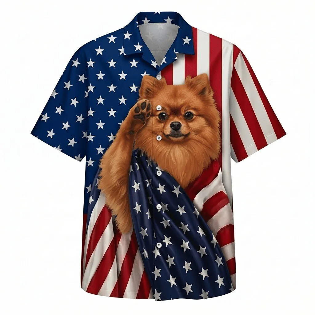 Patriotic Pomeranian Dog American Flag Hawaiian Shirt for Men and Women