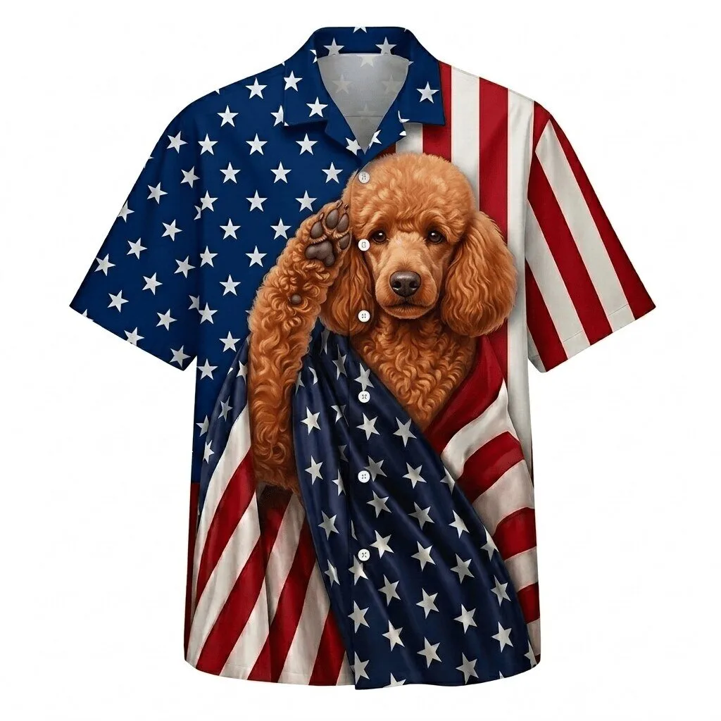 Hawaiian Shirt with American Flag Design Featuring a Patriotic Poodle