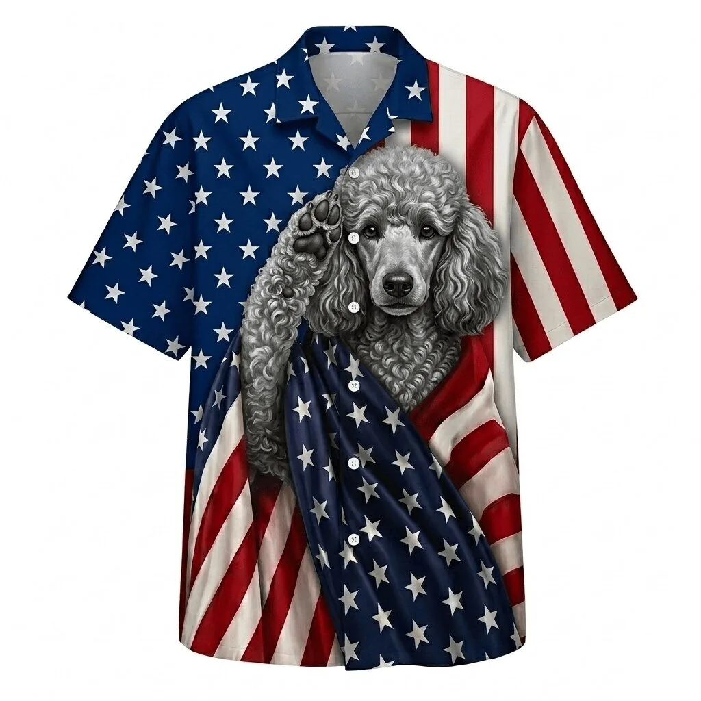 Patriotic Silver Poodle Dog American Flag Hawaiian Shirt for Men