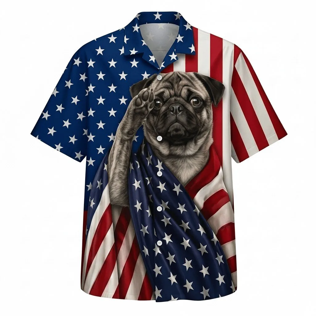 Hawaiian Shirt featuring American Flag Design with a Patriotic Pug Dog