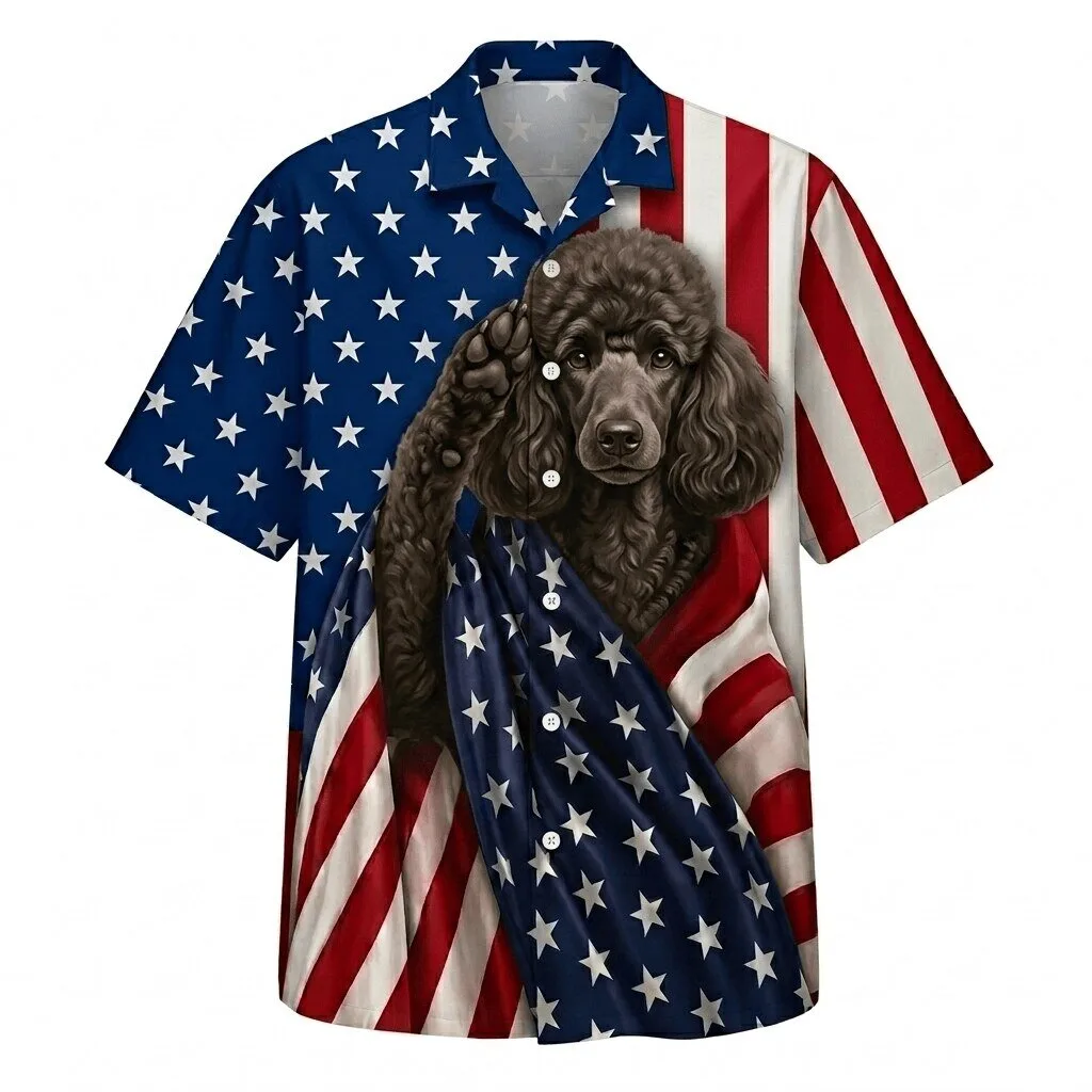 Patriotic Chocolate Poodle Dog American Flag Hawaiian Shirt