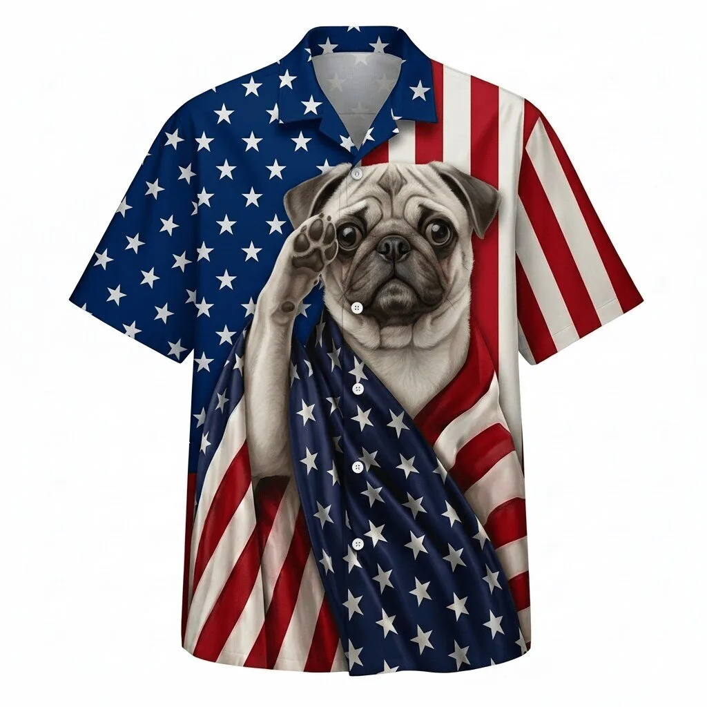 Patriotic Pug Dog American Flag Salute Fourth of July Hawaiian Shirt