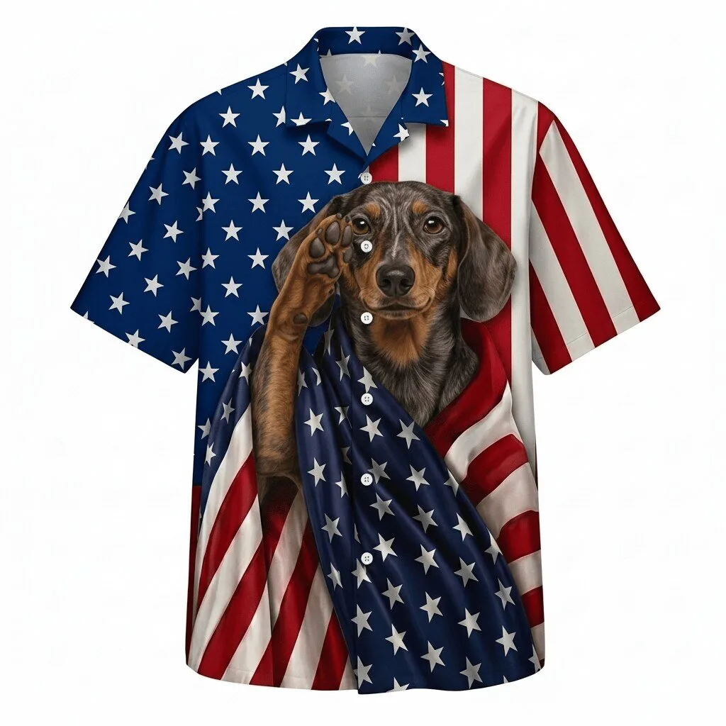 Brindle Dachshund Patriot American Flag Patriotic Hawaiian Shirt
