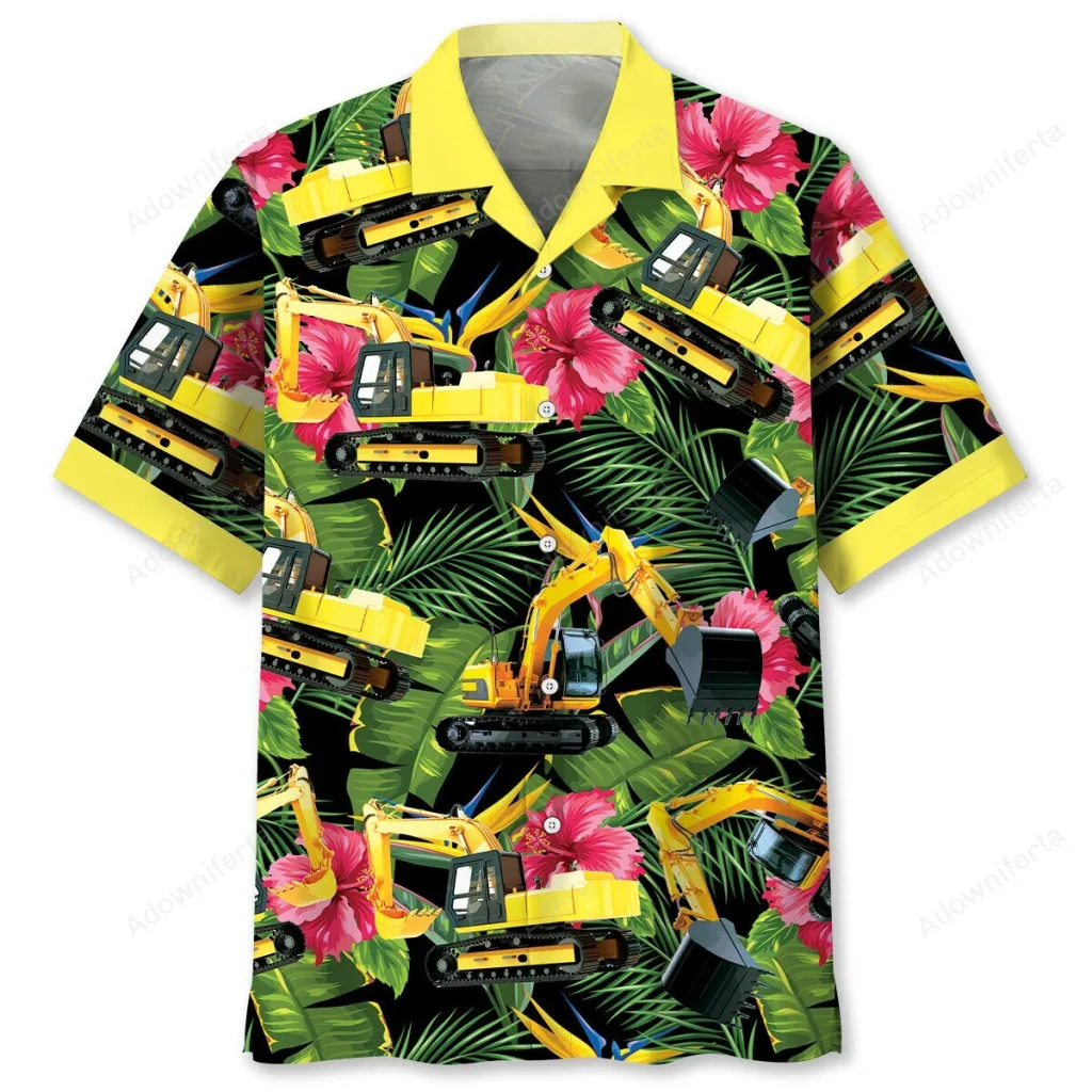 Heavy Equipment Excavator Tropical Leaves Hibiscus Flower Hawaiian Shirt Heavy Equipment Excavator Tropical Leaves Hibiscus Flower Hawaiian Shirt