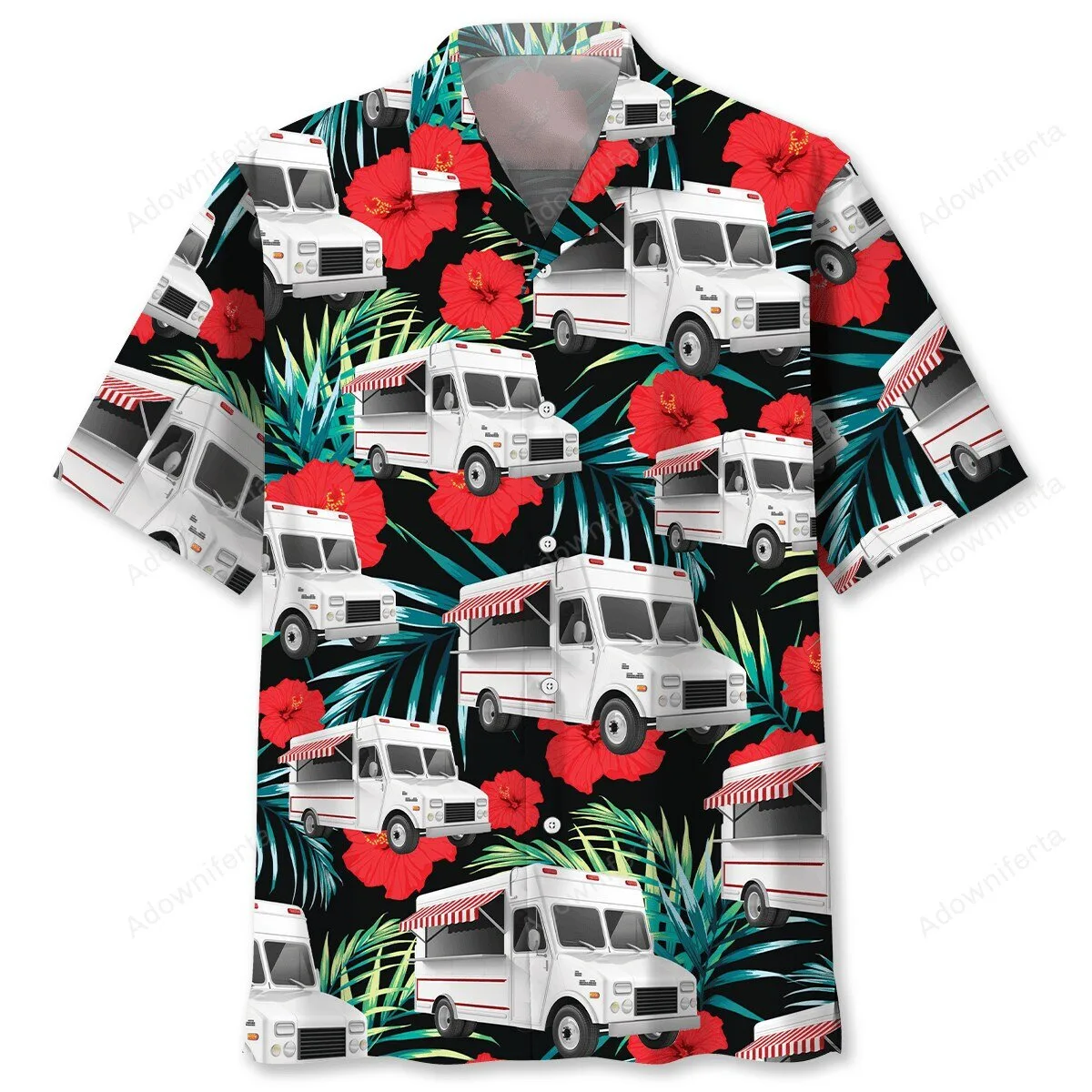 Food Truck Tropical Hibiscus Flower Pattern Black Hawaiian Shirt