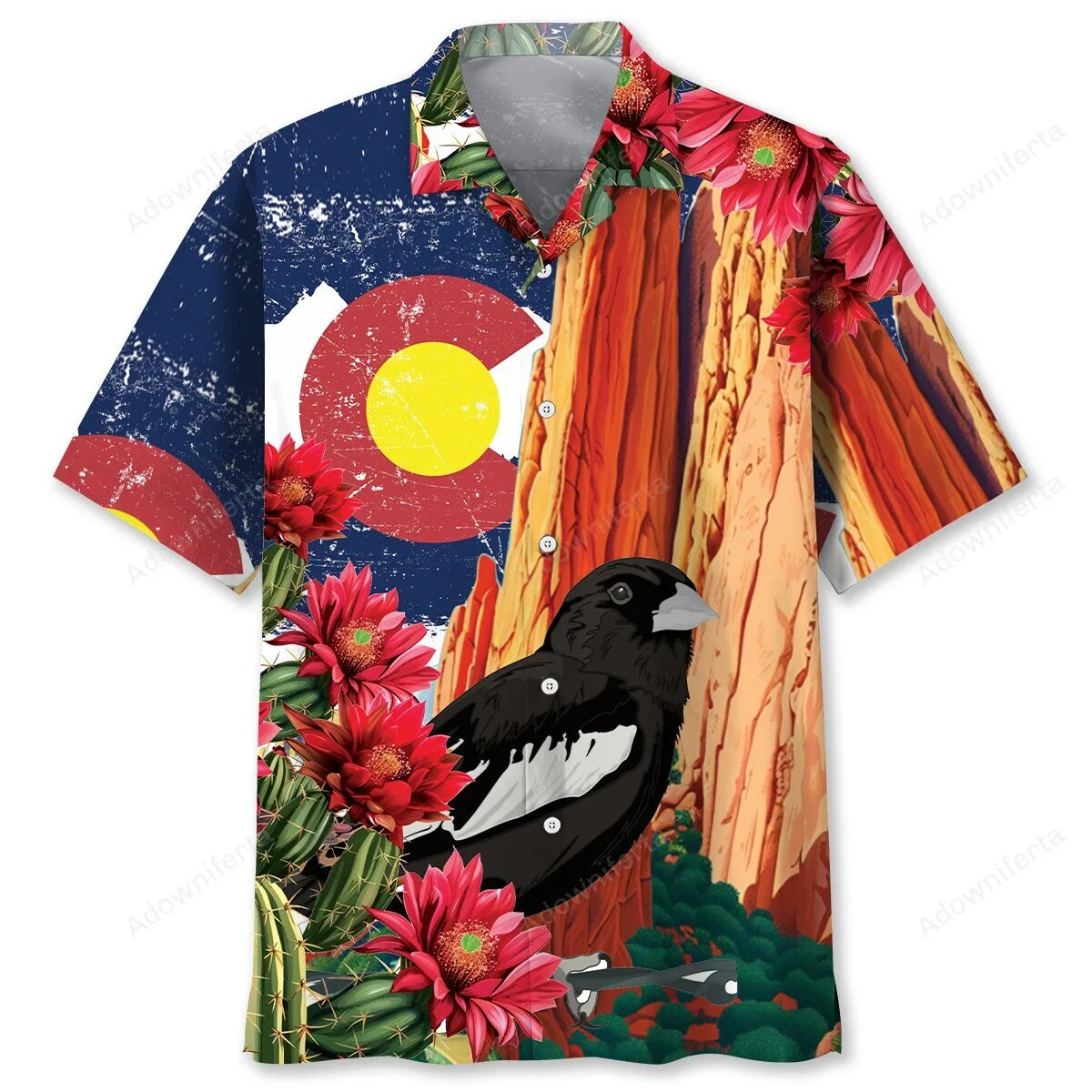 Colorado State Flag Desert Landscape Black-billed Magpie Hawaiian Shirt