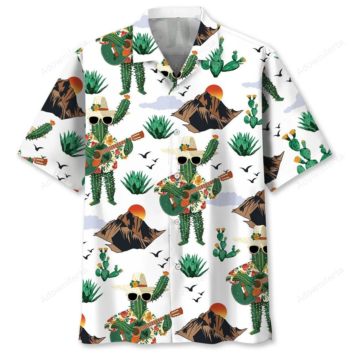 Funny Cactus Playing Guitar Desert Landscape Hawaiian Shirt