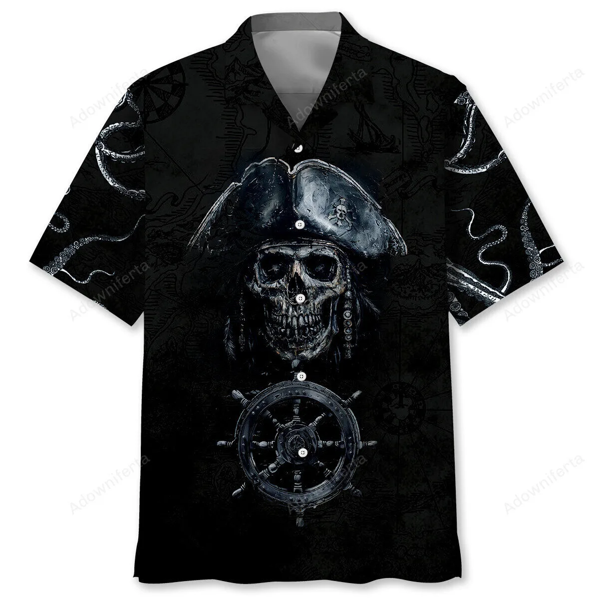 Captain Pirate Skull and Ship Wheel Pattern Black Hawaiian Shirt