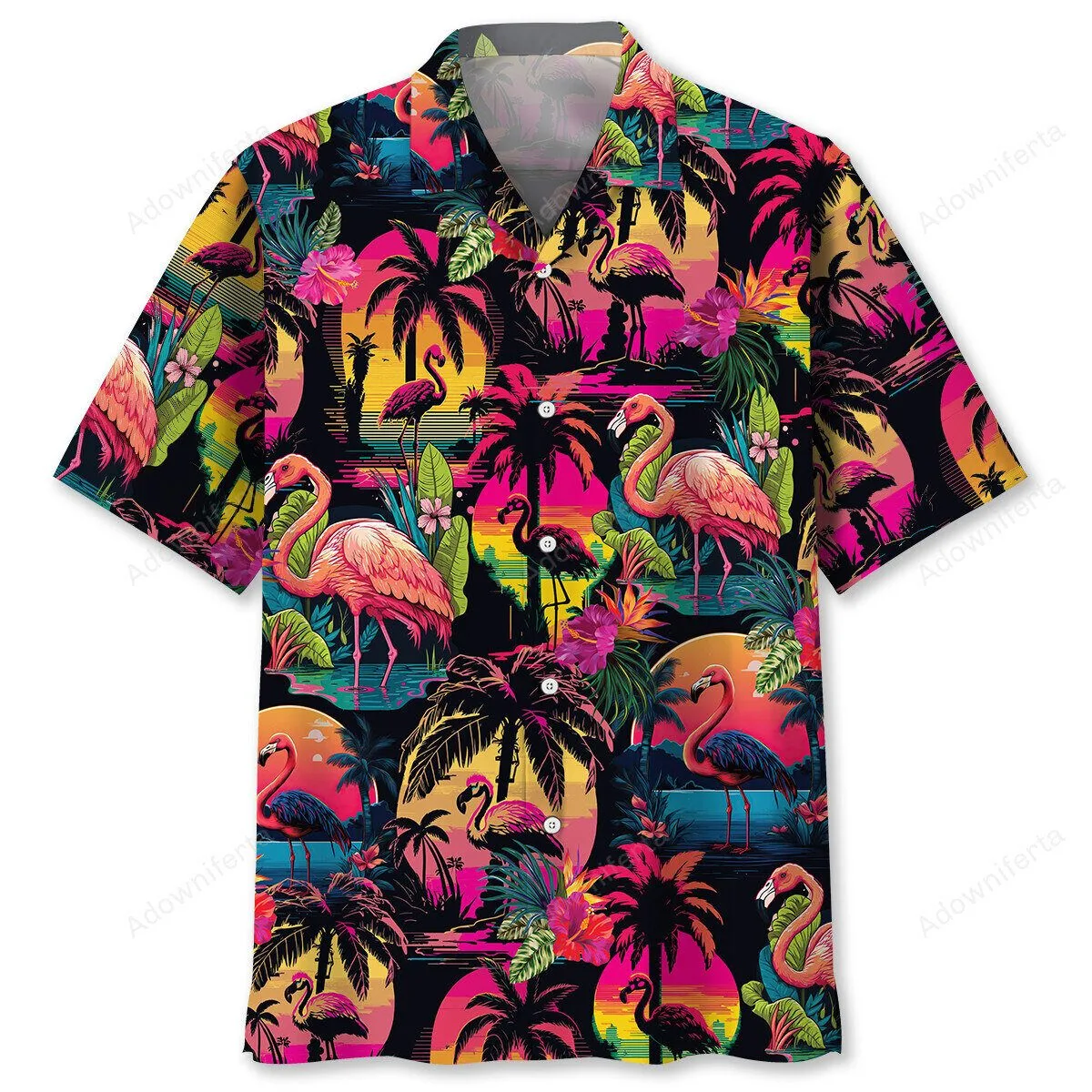 Vibrant Flamingo and Palm Tree Tropical Sunset Hawaiian Shirt for Men