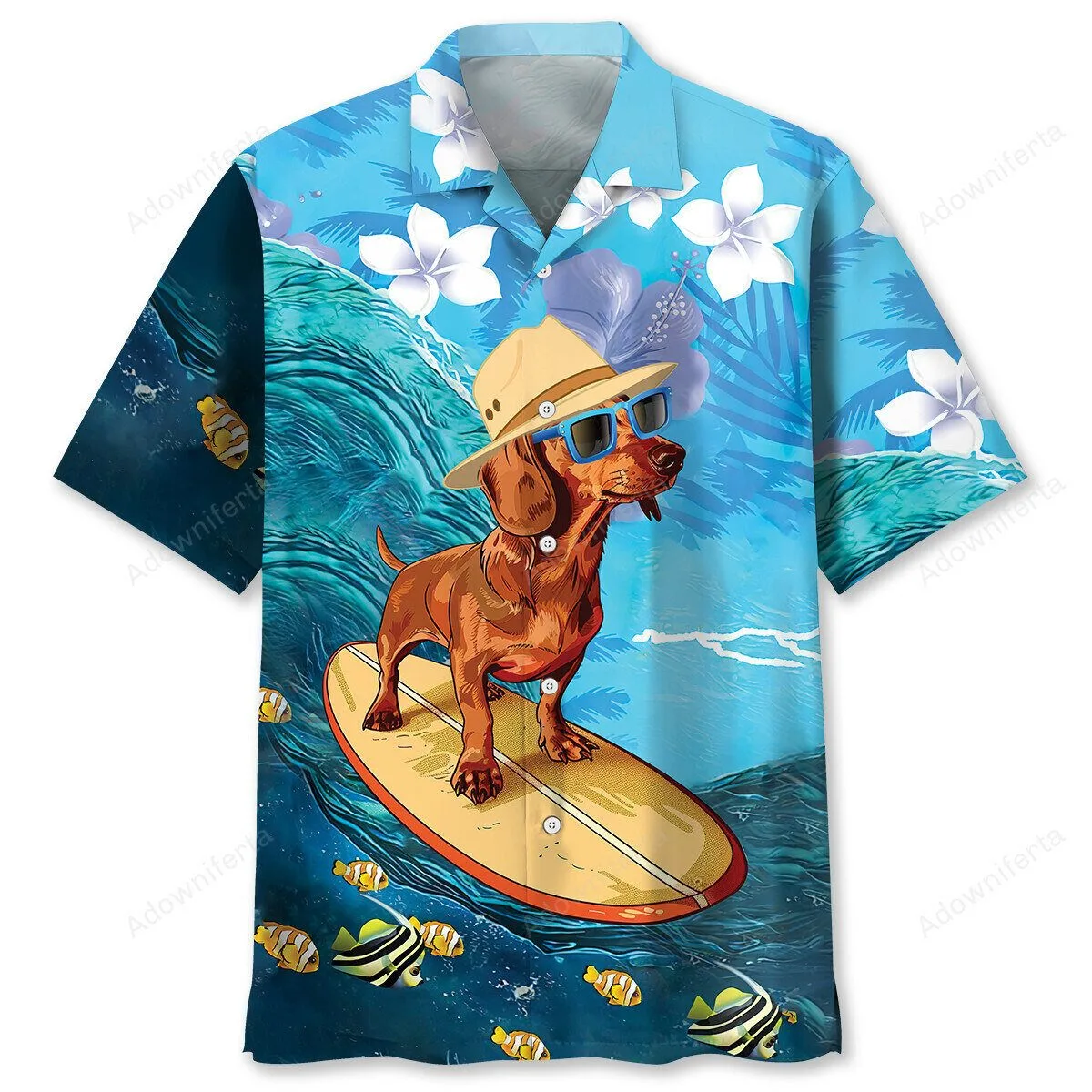 Dachshund Dog Surfing Tropical Hibiscus Flower Hawaiian Shirt