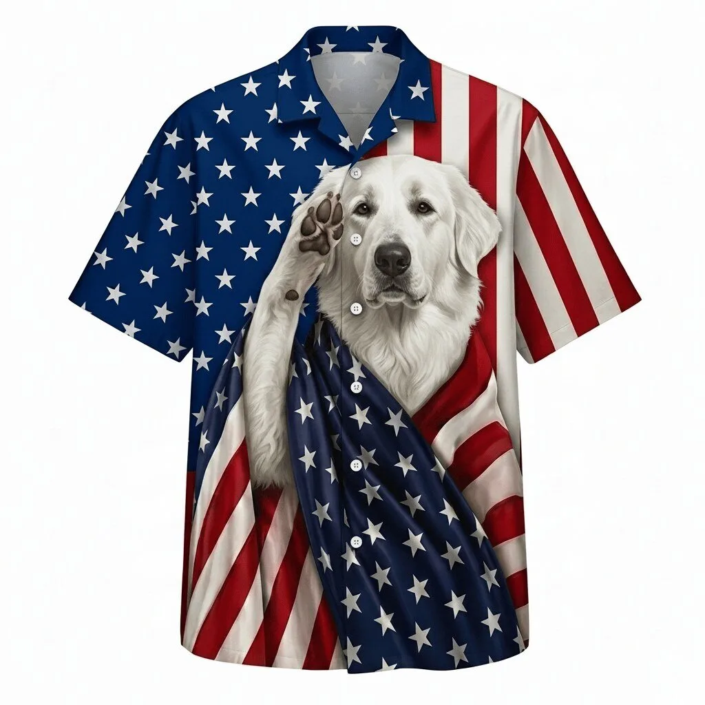 Great Pyrenees Patriotic American Flag Hawaiian Shirt